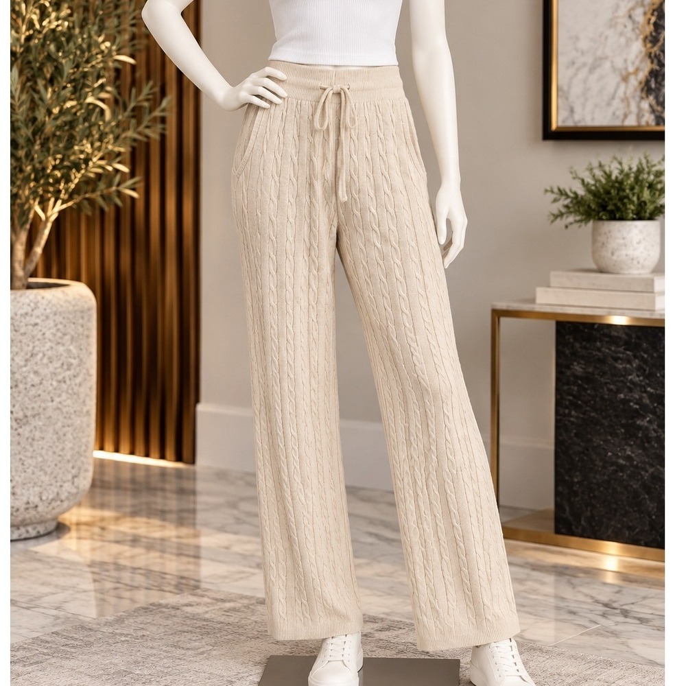 Uniqlo Womens Washable Knit Cable Pants Off White Wide Leg XS